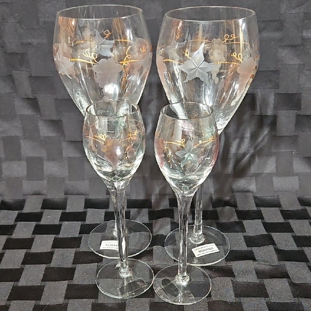 Handpainted Romanian Crystal 24K Etched Cordial/Wine Glasses, Set of 4